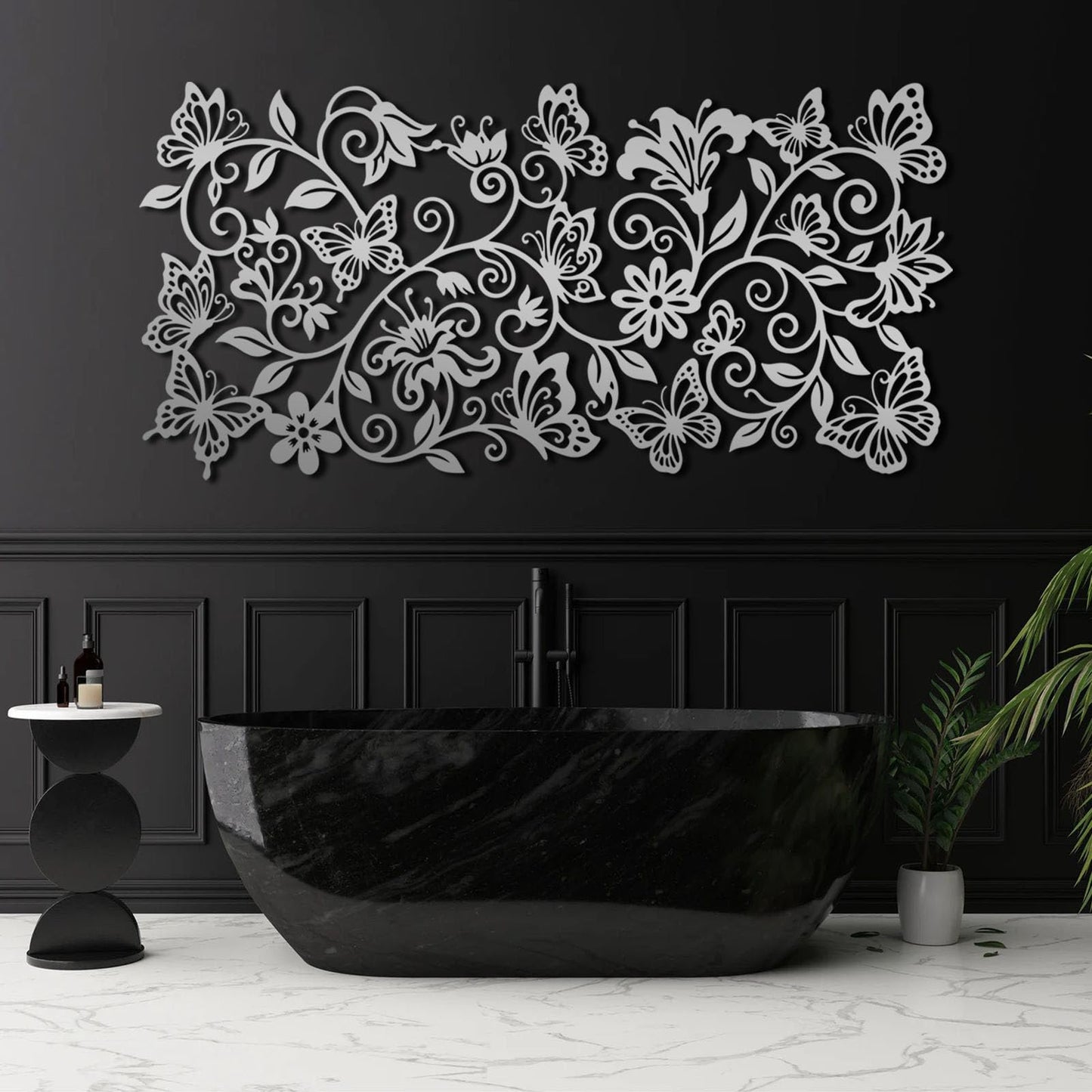 Cobomv Butterfly Floral Metal Wall Art, Butterfly with Flowers Metal Wall Decor, Boho Wall Art, Butterflies Decoration, Nature Home Decor for Living Room, Outdoor, Garden (Silver, 19"x9"/47x23cm)