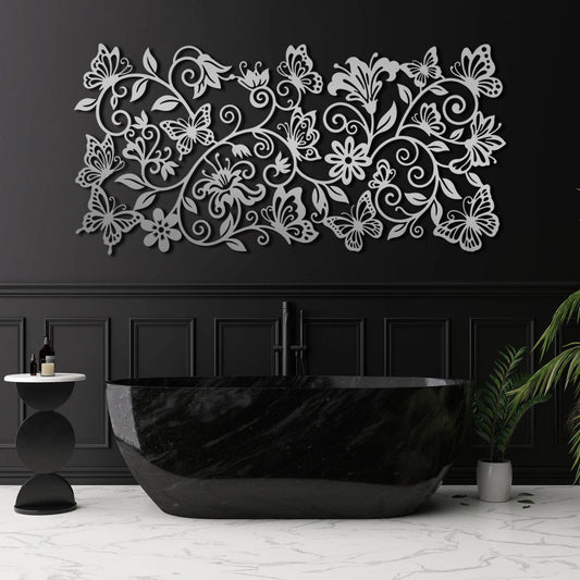 Cobomv Butterfly Floral Metal Wall Art, Butterfly with Flowers Metal Wall Decor, Boho Wall Art, Butterflies Decoration, Nature Home Decor for Living Room, Outdoor, Garden (Silver, 19"x9"/47x23cm)