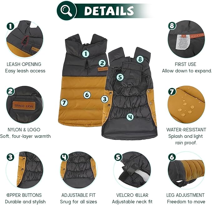 SPACE LION Dog Puffer Jacket, Down Winter Coat, Durable Outdoor Coat for Cold and Windy Conditions, Lightweight & Adjustable Fit Coats for Large Dogs, (BlackKhaki, Size28/4XL)