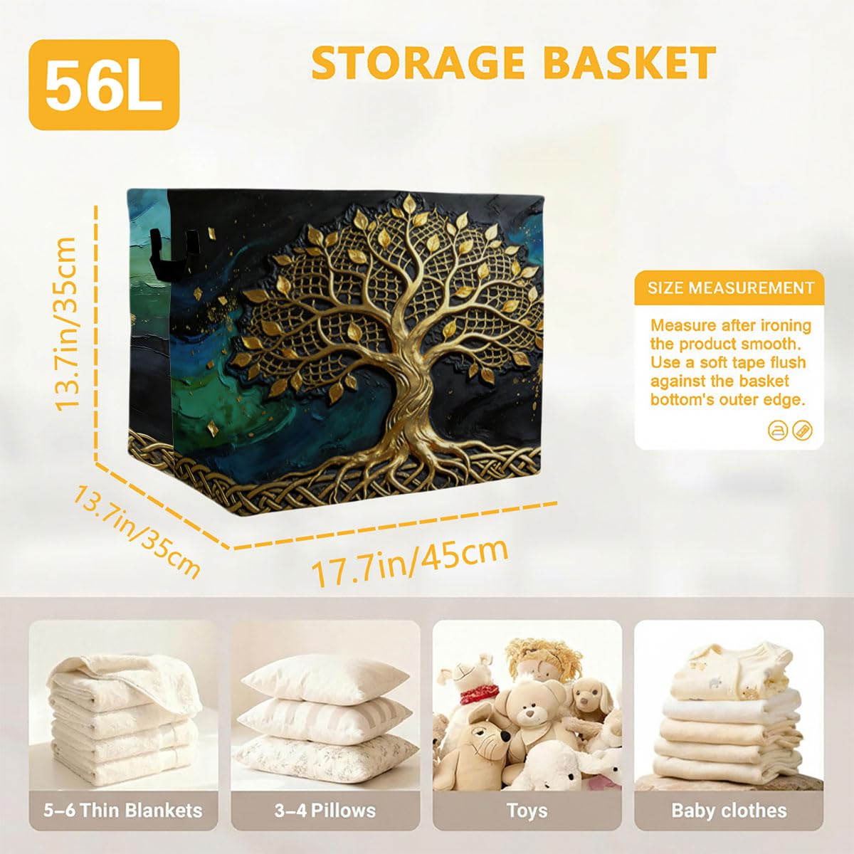 Golden Life Tree Foldable Laundry Basket Hamper with Handles, 56L Large Capacity Toy Storage Organizer, Collapsible Clothes Hamper for Home Decor and Bedroom Organization.