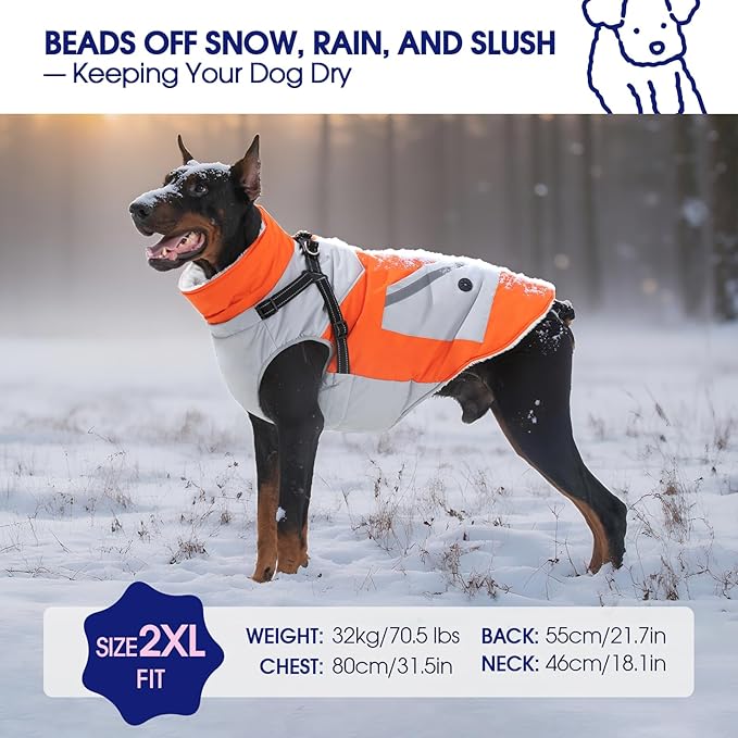 FUAMEY Dog Winter Jackets for Small Dogs,Dog Coat with Harness Built in,Waterproof Dogs Snowsuits Warm Pet Jacket Zip Up Fleece Cold Weather Coats Reflective Safety Pets Hunting Vest Orange XS