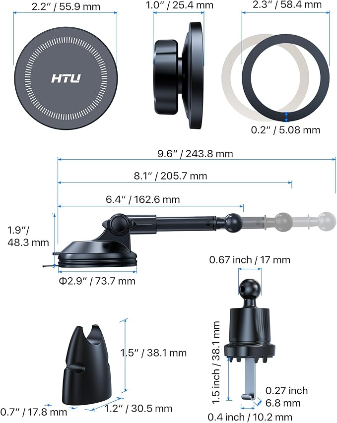 HTU 2025 Upgraded for Magsafe Car Mount [80LBS Strongest Suction & Military-Grade] Powerful Magnetic Cell Phone Holder for Car Dashboard Windshield for iPhone 16 15 14 Pro Max Mini (Dark Grey)