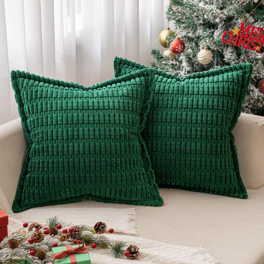 MIULEE Christmas Green Corduroy Decorative Throw Pillow Covers Pack of 2 Soft Striped Pillows Pillowcases with Broad Edge Winter Modern Boho Home Decor for Couch Sofa Bed Spring 20x20 Inch