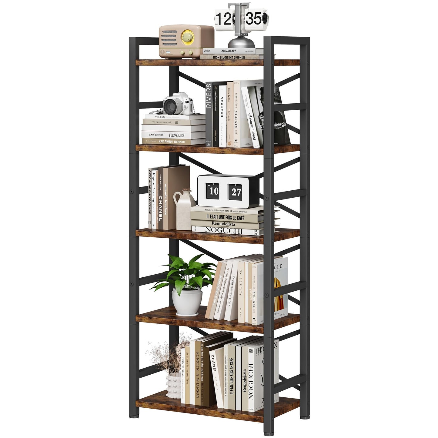 Organization and Storage, 5 Tier Bookshelf, Tall Bookcase with Shelves, Wood and Metal Book Shelf Storage Organizer, Industrial Display Standing Shelf Unit for Bedroom, Living Room, Rustic Brown