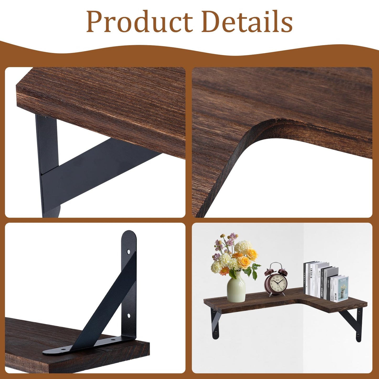 COCPOK Corner Floating Shelves Set of 5, Wall Mounted Wood Shelves for Home Decor, Rustic Wood Wall Storage Corner Shelf for Kitchen Bedroom Bathroom Living Room Office, Dark Brown