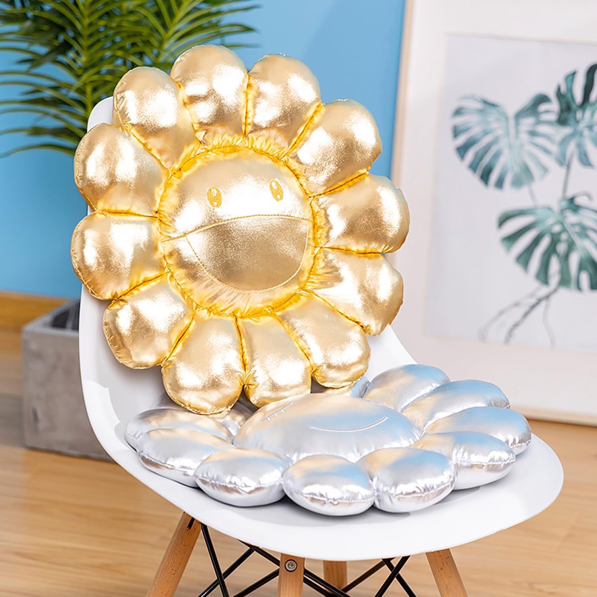 FIONOUT Gold Sunflower Pillow, 16.53 Inch Cute Sunflower Smiley Face Cushion, Soft Plush Decor for Bed Dorm Room Aesthetic Girls Women