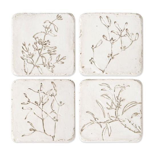 HOME PALETTE Botanical Coasters for Drinks Set of 4, 4.02 Inch Square Resin with Cork Base, Plant Floral Design, Absorbent Coasters for Bar Desk Coffee Table, White