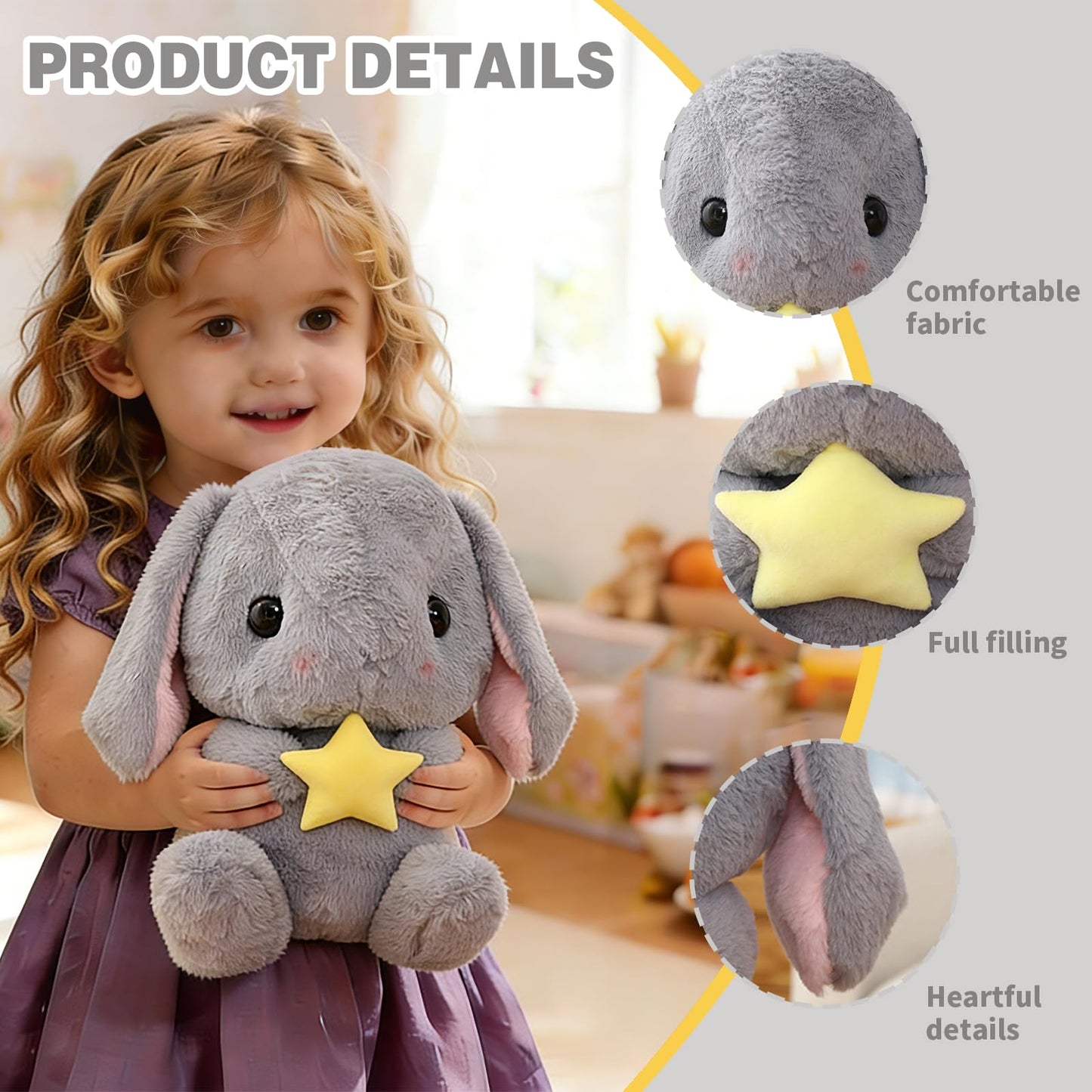 HOUPU Soft Toy - Sitting Lop Eared Rabbit, Easter White Rabbit Stuffed Bunny Animal with Carrot Soft Lovely Realistic Long-Eared Standing Pink Plush Toys (Gray-Star,8.6in/22cm)