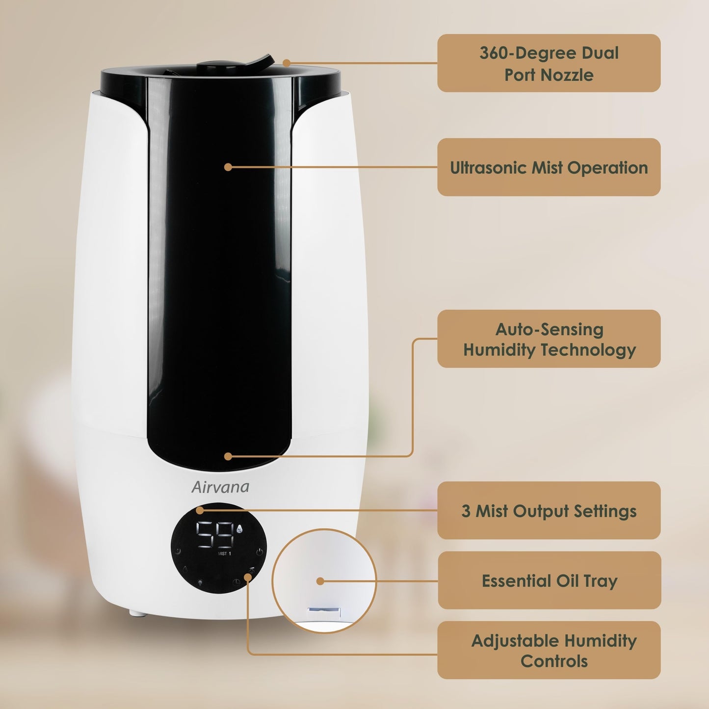 Airvana 2.25 Gallon (8.5 Liter) Top Fill Digital Humidifier with LED Display Screen, Sleep Mode, and Coverage up to 757 Square Feet, AV200HUM Sage