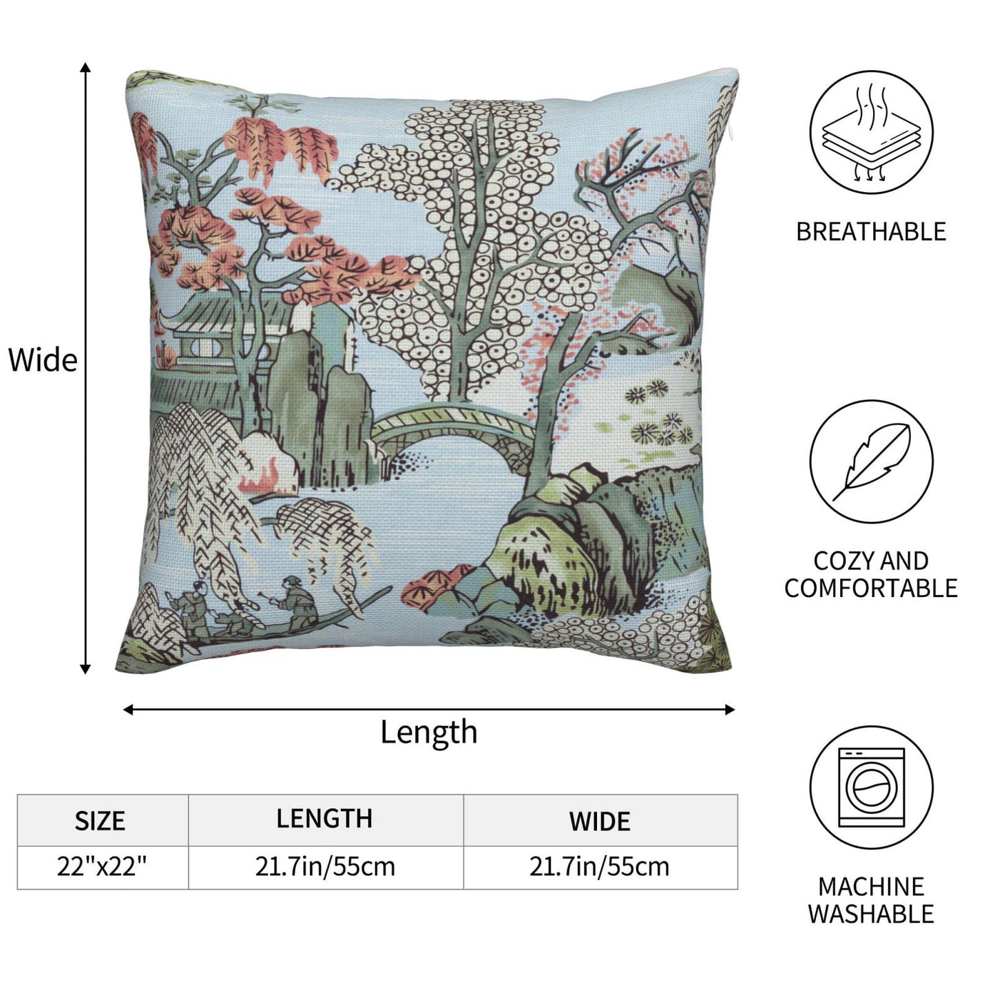 Wsunsal Chinoiserie Pillow Cover 22x22 Inch Set of 2, Asian Scenic Coral Green Blue Throw Pillows Farmhouse Chinoiserie Decorative Pillowcase Linen Cushion Cover for Home Sofa Bedroom Outdoor