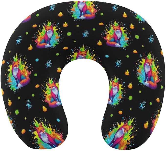 Memory Foam Travel Pillow Colorful Nine Tailed Fox Art, Breathable Chin Head Support, Washable Zip Cover for Airplane Car Office Pain Relief