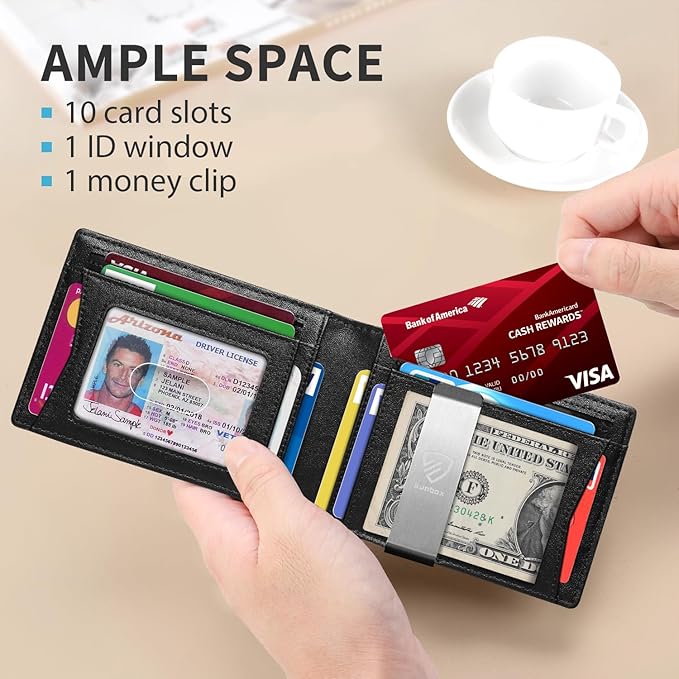 RUNBOX Mens Slim Wallet with Money Clip RFID Blocking Bifold Credit Card Holder for Men with Gift Box