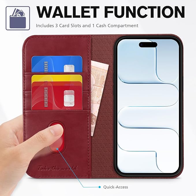 TUCCH Wallet Case for iPhone Air (6.5") 2025, 3 Credit Card Slot | RFID Blocking | Stand | PU Leather | Protective Flip Folio Cover | Shockproof TPU Interior Shell | Deep Red