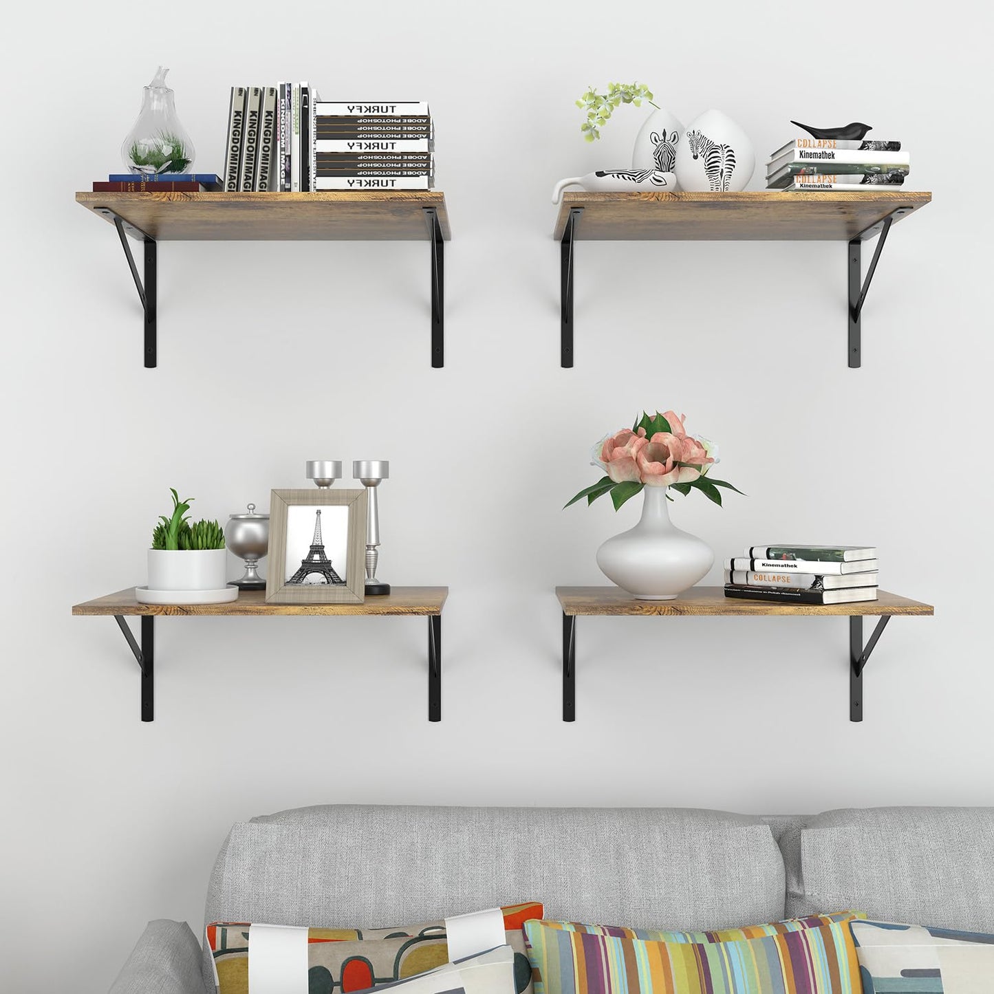 Dushikent Deep Floating Wall Shelves - 4 Sets of 12 Inch Wide Rustic Brown Wood Shelves for Bathroom, Bedroom, Kitchen, Living Room