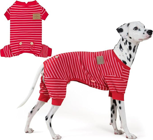 KYEESE Dog Pajamas, Striped Pet PJS Velvet Fleece Doggie Jammies, 4 Legs Outfit Soft Dog Pajamas, Cozy Pet Clothes Onesie, Comfortable PJS for Large Dogs,Red Striped,XXX-Large