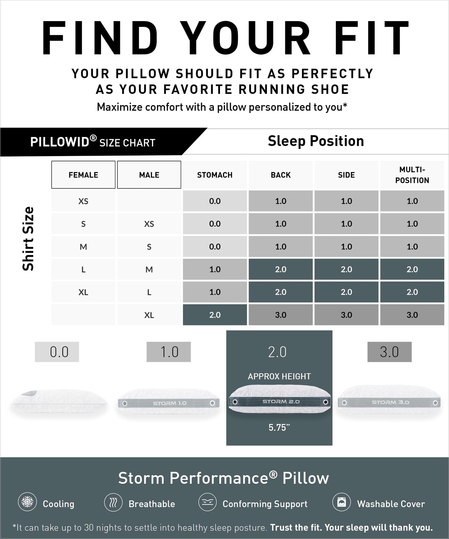 Bedgear Storm Performance Pillow – 2.0 - Cooling Bed Pillow for Hot Sleepers - Medium Firmness Pillow for All Sleep Positions, Washable & Removable Cover - 20" W x 26" L x 5.75" H