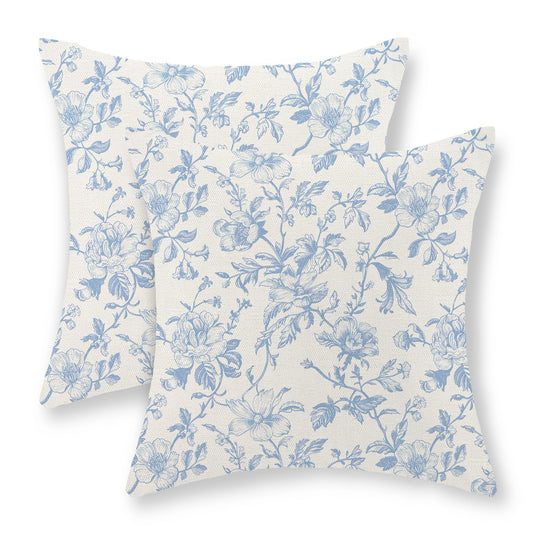 JEFERSO Baby Blue Floral Pillow Covers 18x18 Set of 2 Vintage Rustic Toile Chinoiserie Floral Throw Pillows Blue and Cream Flower Decorative Pillowcase Outdoor Decor Linen Cushion Case for Couch Sofa