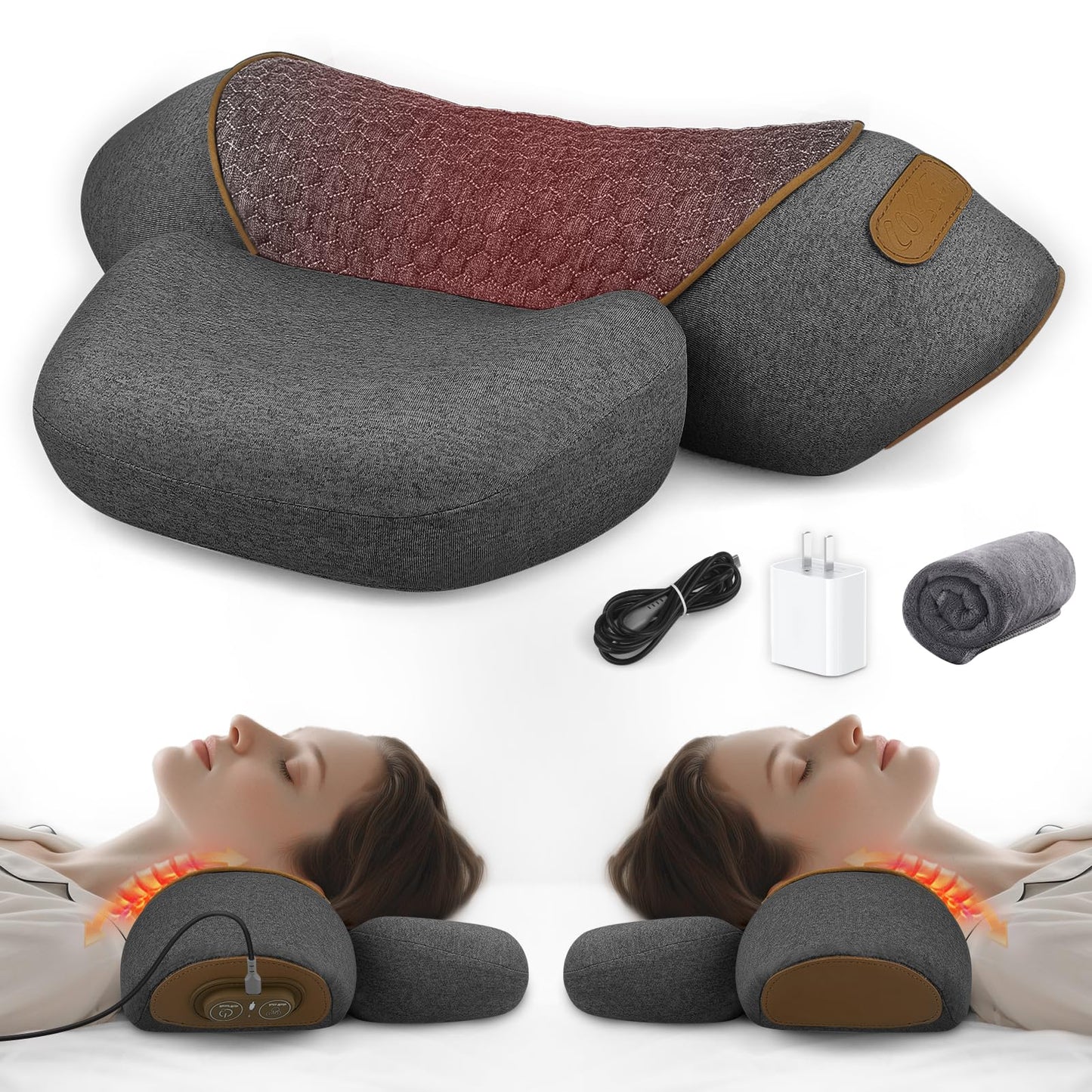 Voluart 3-in-1 Neck Massager Pillow with Heat & Traction, Deep Tissue Cervical Traction Device for Neck Hump Corrector, Shoulder & Upper Back Pain Relief, Relaxing TheraPillow Support