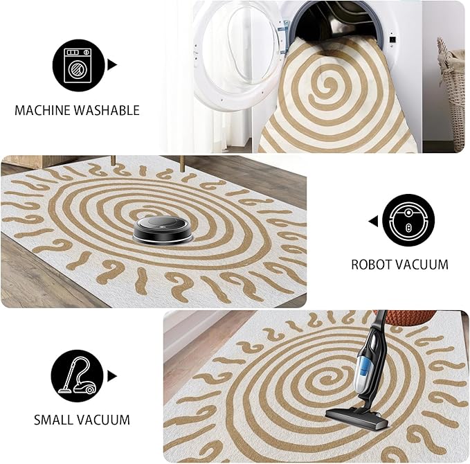 Boho Washable Rugs for Bedroom 4x5, Modern Sun Print Soft Minimalism Area Rug, Non Slip Low Pile Abstract Carpet for Classroom Living Room Decor Dining Room, Beige Yellow