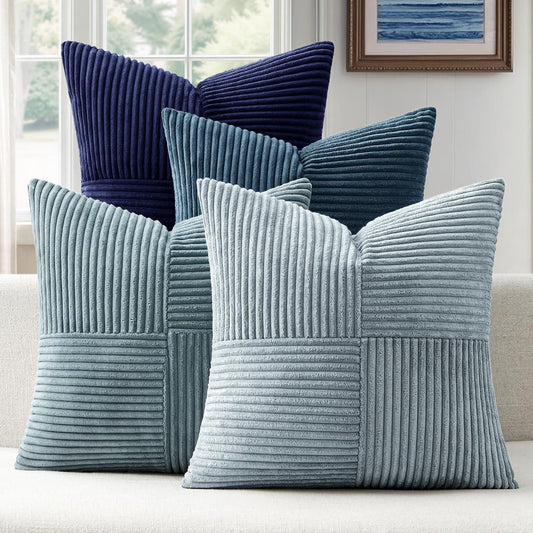 ANRODUO Pack of 4 Decorative Throw Pillows for Couch Neutral Blue 18x18 Inch Boho Cozy Soft Corduroy Cushion Covers Farmhouse Accent Pillowcases for Mid Century Coastal Summer Home Decor Living Room