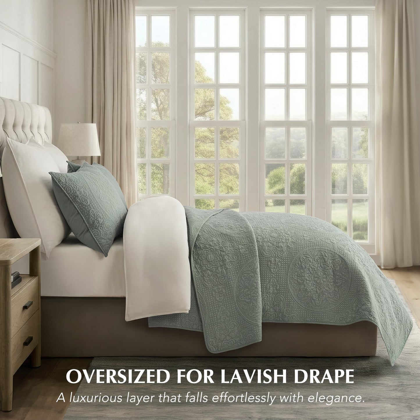 EverGrace Medallion Stitch Cotton Quilt Set King Size, 3-Piece 100% Cotton Quilted Bedspread Coverlet Bedding Set with Pillow Shams, Oversized Lightweight Soft & Breathable All-Season, Soft Sea