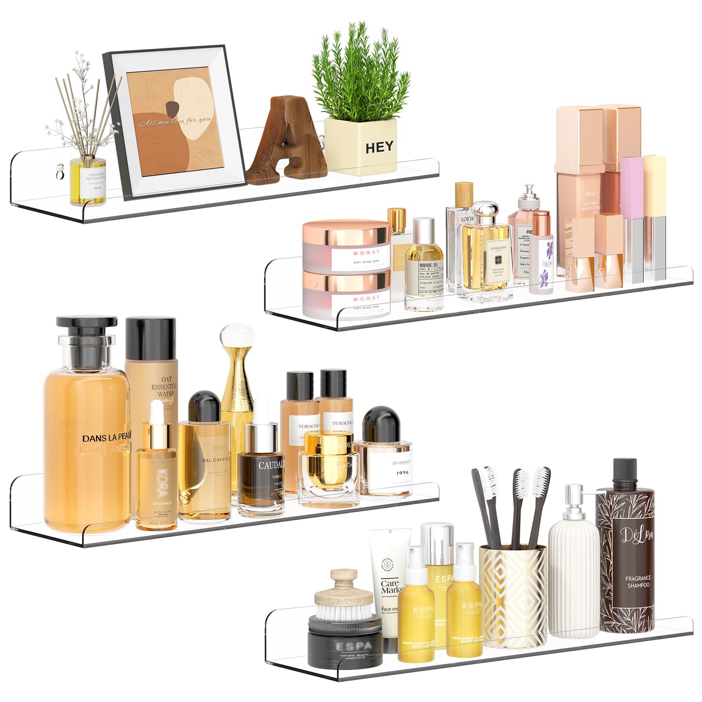Qukaka Floating Shelves for Wall Decor, 15" Extra Clear Wall Shelves for Bedroom, Living Room, Kitchen, Bathroom Decor, Nail Polish/Book/Decoration/Makeup/Perfume Organizer Floating Shelf-4Pack