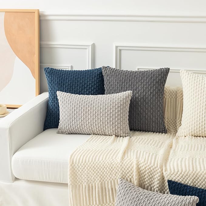 Kevin Textile Throw Pillow Covers Soft Corduroy Decorative Set of 2 Boho Striped Pillow Covers Pillowcases Farmhouse Home Decor for Couch Bed Sofa Living Room 18x18 Inch Blue