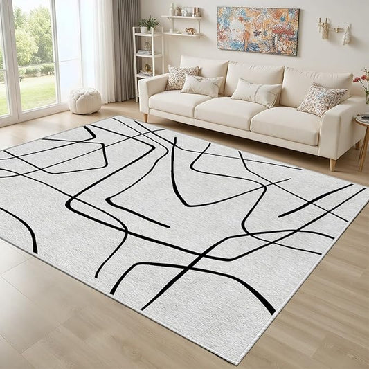 Black and White Rug - Abstract Area Rug, Black and White Rugs for Living Room, Modern Minimalist Washable Rugs, Contemporary Carpet Non Slip Home Decor, Curve 7x10