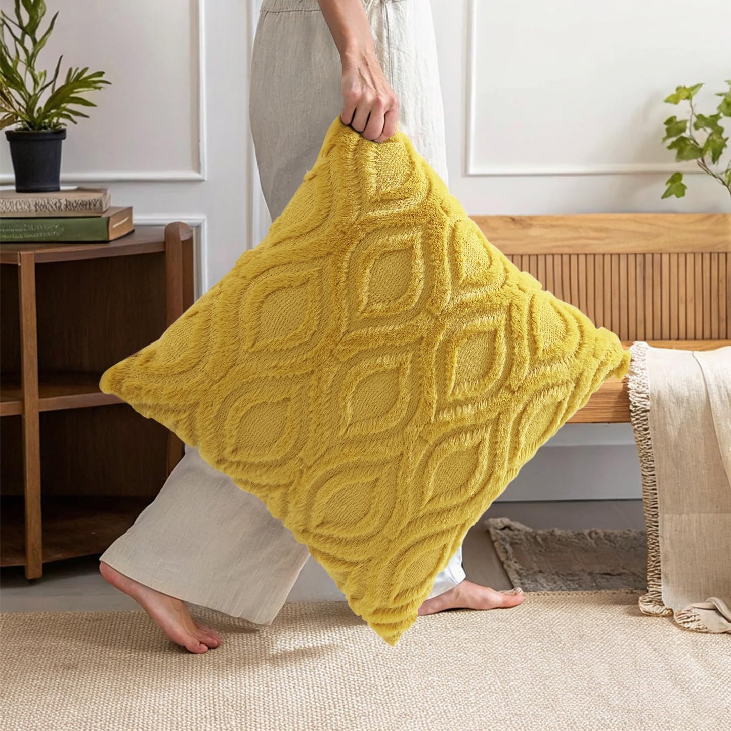 decorUhome Throw Pillow Covers 12x20 Inch Set of 2, Soft Plush Faux Wool Mustard Yellow Solid Couch Pillow Covers, Accent Farmhouse Neutral Rectangle Pillow Cases for Sofa Bed Living Room