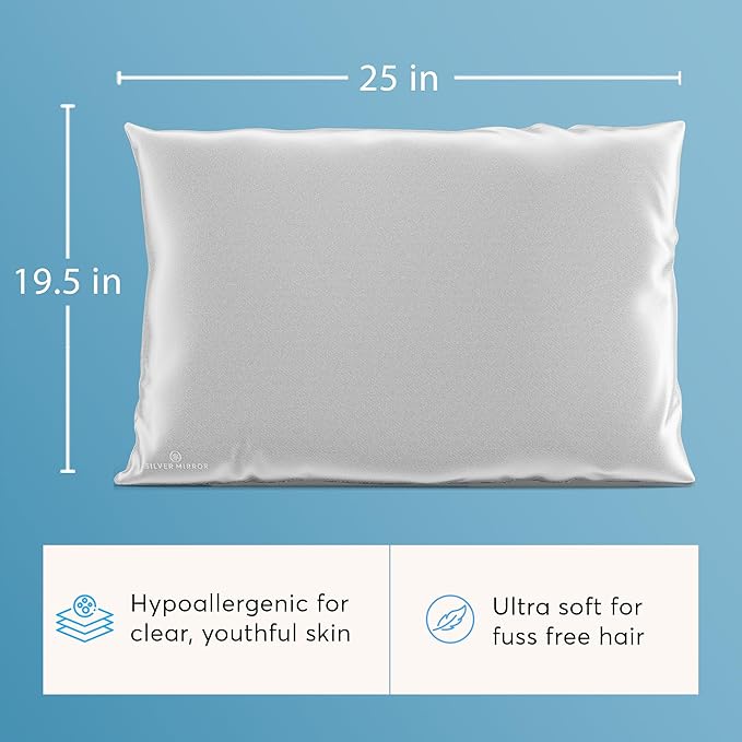 Silk Sleep Essentials Set in Silver: Pillowcase and Eye Mask, 25" x 19.5" Fits Standard Queen Pillow, 22mm 6A Grade, for Gentle Sleep, Anti-Breakage, Tangles, Creases, and Wrinkles
