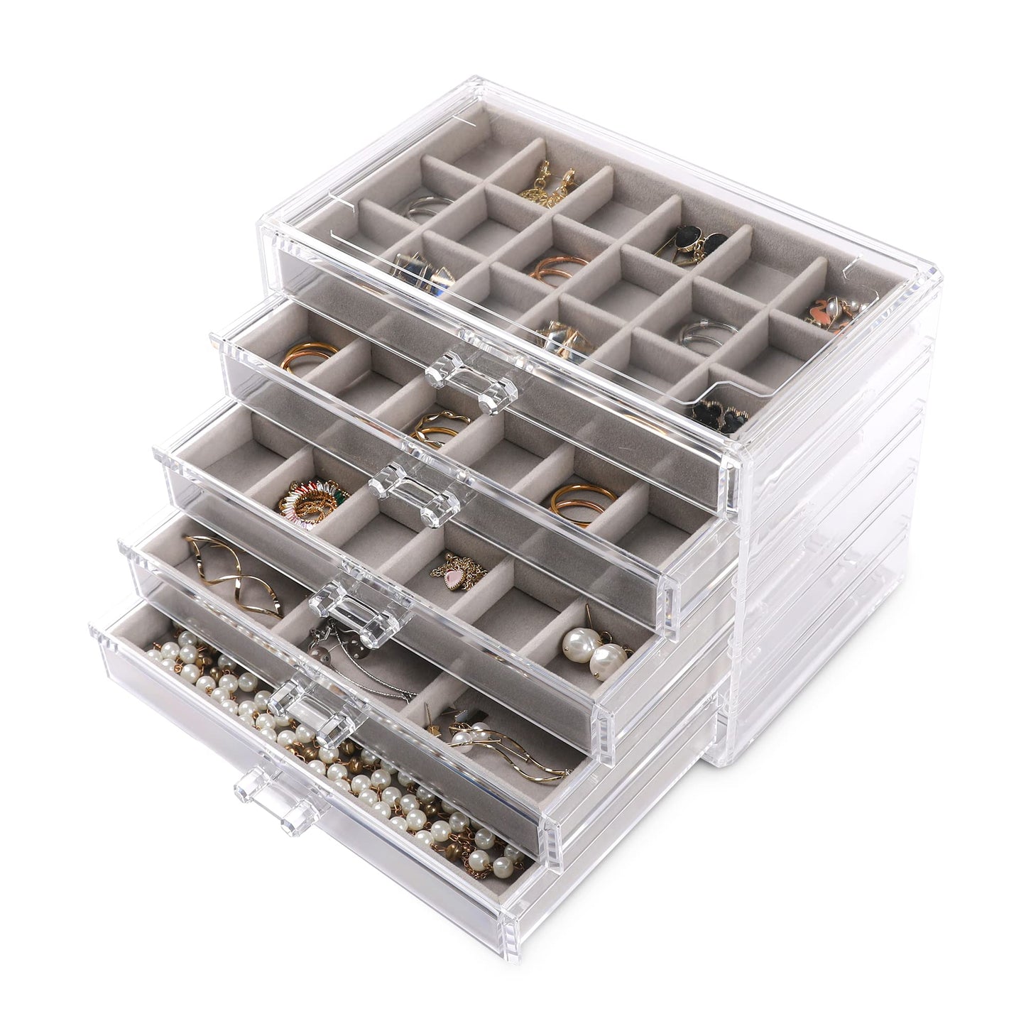 Frebeauty Acrylic Jewelry Organizer Earring Organizer Box with 5 Drawers Earring Holder Organizer with Velvet Trays Clear Jewelry Box for Women Earring Display for Rings Studs(Grey)