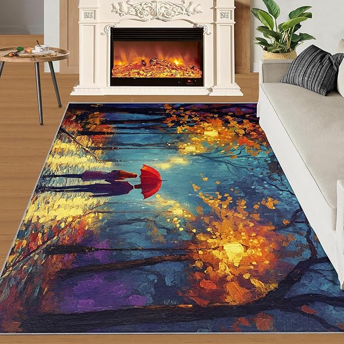 London Streets Washable Rugs 4x6 Rug for Living Room, Rainy Night Oil Painting 4x6 Rug Autumn Landscape Low-Pile Carpet for Bedroom Dining Non Slip Mat with Rubber Back