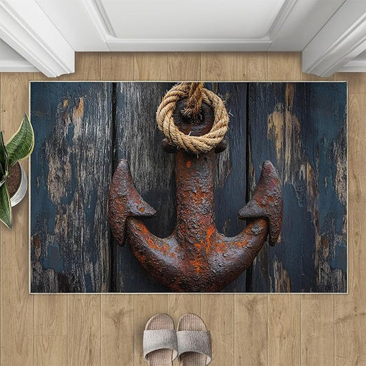 Nautical Anchor 6x9 Area Rugs,Distressed Wood Bedroom Rug Nautical Style Non-Slip Washable Rug for Living Room Nursery Kitchen Low-Pile Carpet