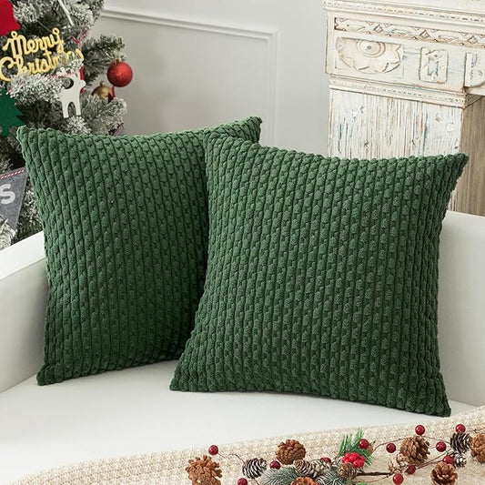 Kevin Textile Pack of 2 Corduroy Decorative Throw Pillow Covers 18x18 Inch Soft Boho Striped Pillow Covers Modern Farmhouse Home Decor for Sofa Living Room Couch Bed Dark Green