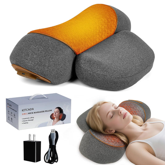 KITCADA Neck Massager Pillow - 3-in-1 Neck Pillow with Battery, Travel Neck Massager Pillow for Shoulder Pain Relief, Deep Tissue Pain Relief with Heat and Stretching, Neck Hump Corrector for Women