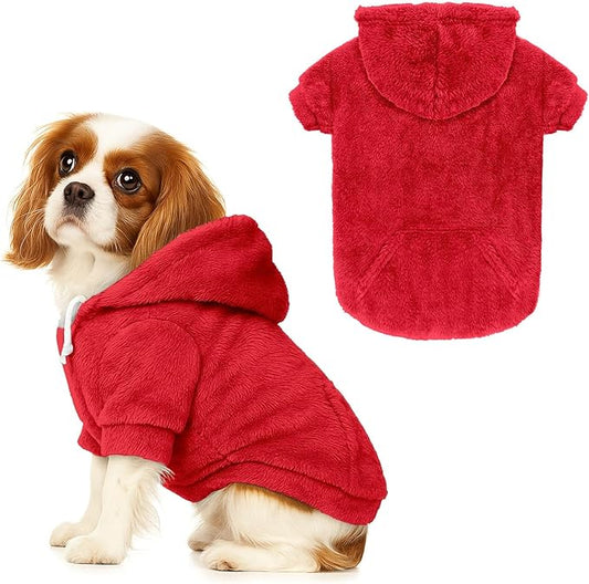 Dog Sweaters,Dog Hoodie,Warm Fuzzy Fleece Sweatshirt with Hood & Pocket,Leash Hole,Cozy Cold Weather Pet Clothes Sweater for Small,Medium,and Large Dogs(Red,M)
