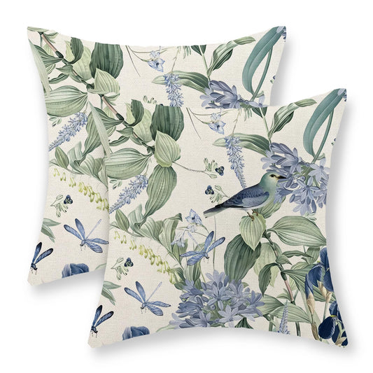 DAFENA Chinoiserie Pillow Covers 18x18 Inch 2 Pcs Vintage Blue Green Floral Bird Decor Throw Pillows Flower Spring Summer Outdoor Farmhouse Decoration Pillowcase Linen Cushion Cover for Couch