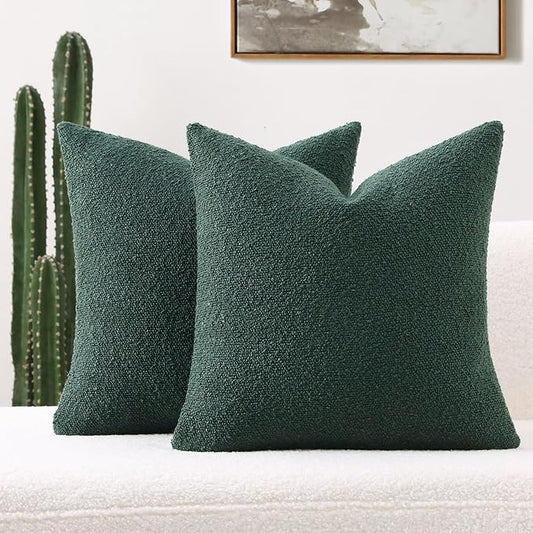 FUTEI Christmas Pack of 2 Dark Green Decorative Throw Pillow Covers 20x20 Inch Soft Cozy Solid Boucle Textured Cushion Case,Modern Home Decor for Couch Bed Living Room