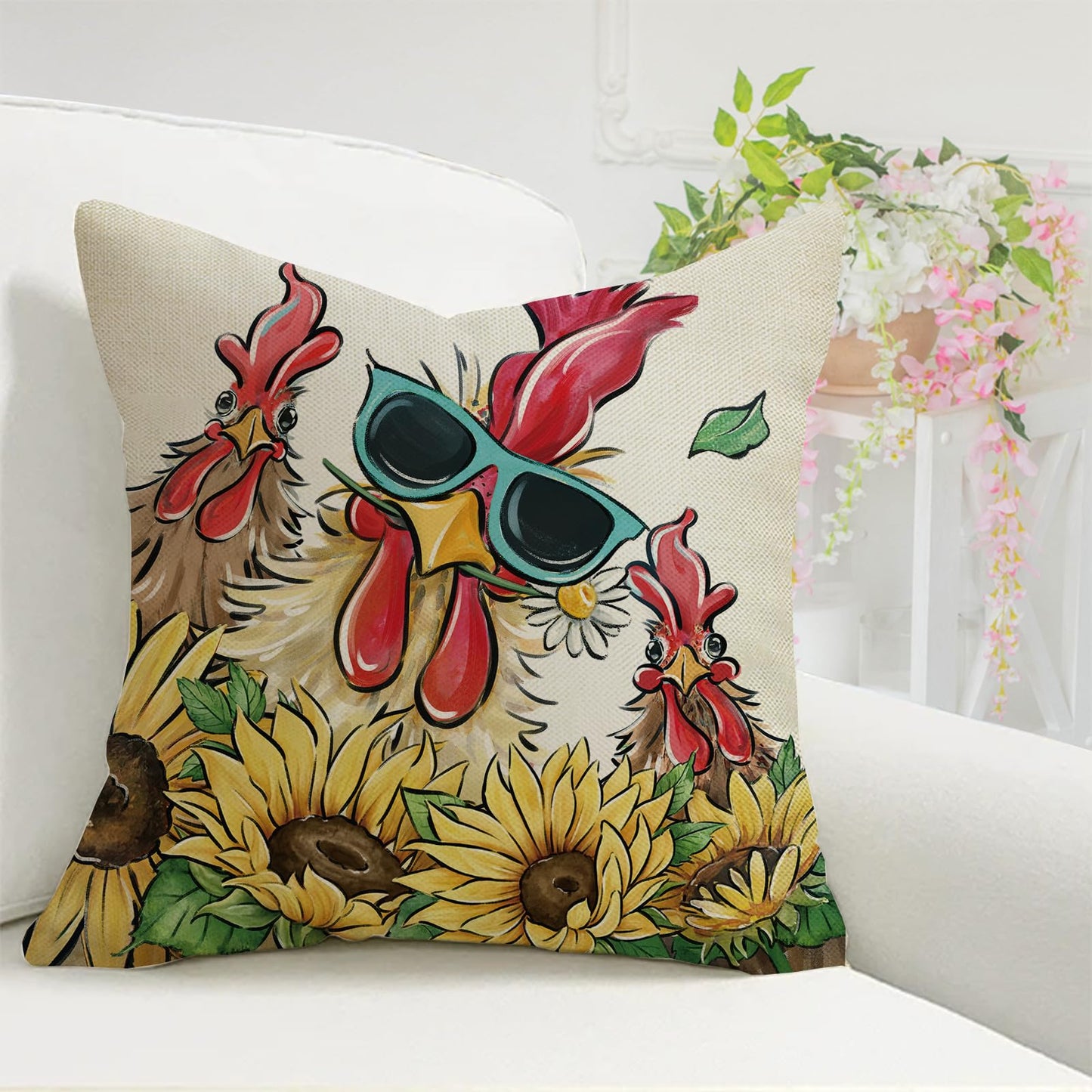 Fahrendom Funny Farm Animals Decorative Throw Pillow Covers 18x18 Set of 4, Spring Summer Rooster Sheep Donkey Sunflower Outdoor Pillowcase, Keep It Sassy Stay Awhile Fall Cushion Case Home Decor
