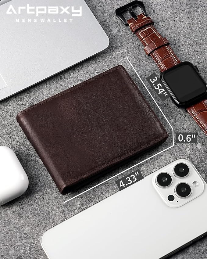Artpaxy Mens Wallet Bifold Genuine Leather RFID Blocking Wallet for Men with 2 ID Windows 12 Card Holders 2 cash pockets 1 Gift Box