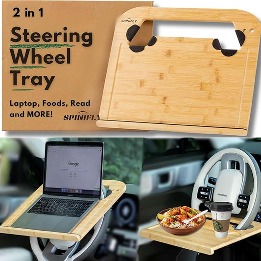 SPINIFLY 2 in 1 Steering Wheel Tray – Car Tray & Food Table – Car Essentials Double Sided Bamboo Car Desk for Laptop, Eating & Reading – Fits up to 17" Laptop
