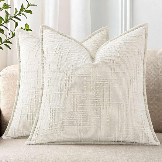 decorUhome Chenille Throw Pillow Covers 26x26 Set of 2, Soft Textured Slubby Modern Decorative Pillow Covers with Elegant Design for Couch, Sofa, Living Room, Cream White