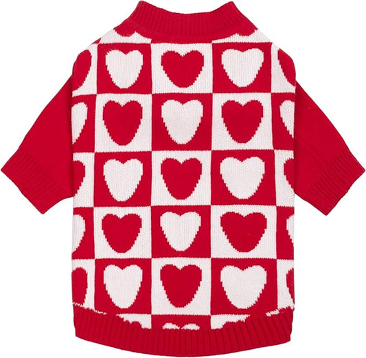 Fitwarm Checkered Heart Dog Sweater, Cozy Valentines Outfit for Small Dogs Girl, Festive Pet Clothes, Red, White, Medium