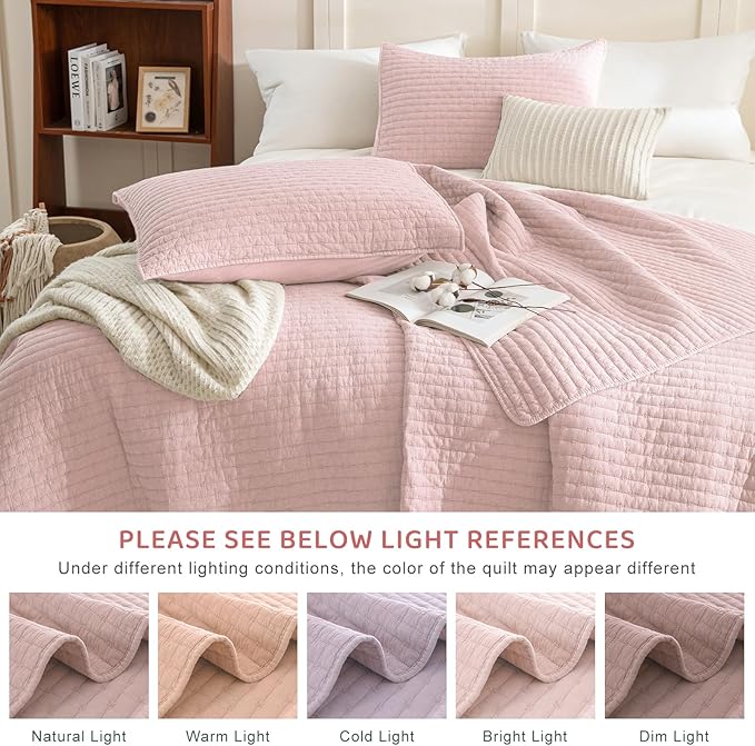 Sanracie Stonewashed Cotton Coverlet Oversized King(120"x120"), Light Pink Cross Stitch Pattern California King Quilt Sets 3Pcs Ultra Soft Lightweight Crinkle Bed Coverlet Set for All Season