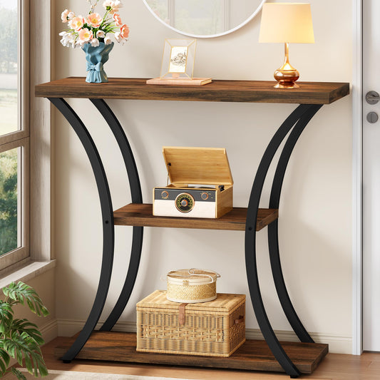 Hoctieon 3 Tier Console Table with Open Wood Shelves, Decorative Entryway Table with Curved Metal Frames, Narrow Sofa Table for Entrance, Living Room, Hallway, Rustic Brown+Black