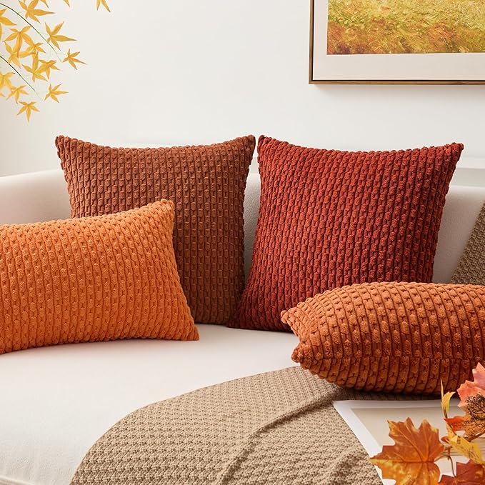 Kevin Textile Fall Throw Pillow Covers Soft Corduroy Decorative Set of 2 Boho Striped Pillow Covers Pillowcases Farmhouse Home Decor for Couch Bed Sofa Living Room 20x20 Inch Rust Brown