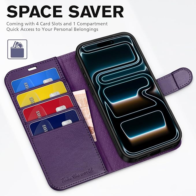 TUCCH Case Wallet for iPhone 17 Pro (6.3") 2025, Stand | RFID Blocking | 4 Card Holder | TPU Shockproof Inner Shell | PU Leather | Magnetic Closure Folio Protective Cover | Deep Purple