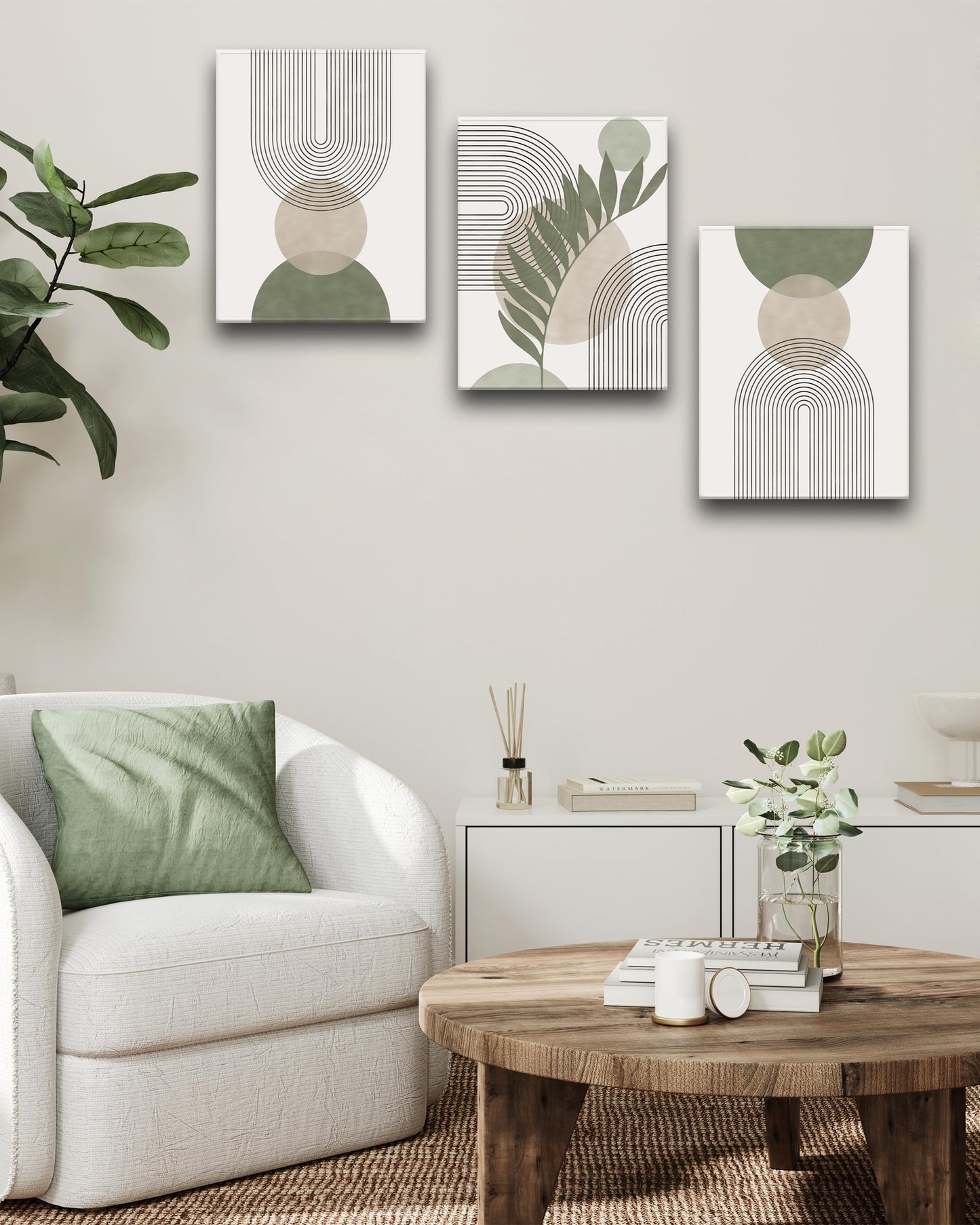 HesenDot 30x40CM Sage Green Boho Wall Art,Framed Canvas Bathroom Wall Art Pictures, Mid-Century Modern Wood Framed Abstract Prints for Bedroom,Minimalist Office Wall Decor 3Pack