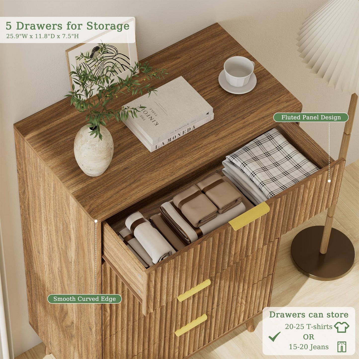 LYNSOM Fluted 5 Drawers Dresser, 45" Tall Modern Chest of Drawers with Curved Profile Design and Metal Handle, Wood Drawer Organizer for Bedroom, Living Room, Hallway, Entryway, Walnut