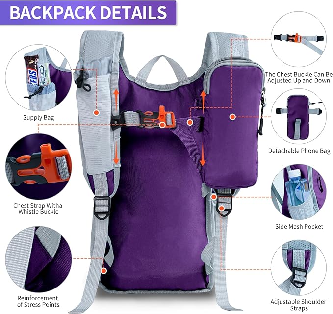 HIGH EXPERIENCE Hiking Backpack 10L/15L Small Daypack Lightweight Packable Travel Foldable Water Resistan for Women Men (Deep Purple, 10L)